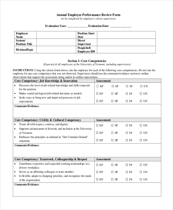 annual employee performance review form