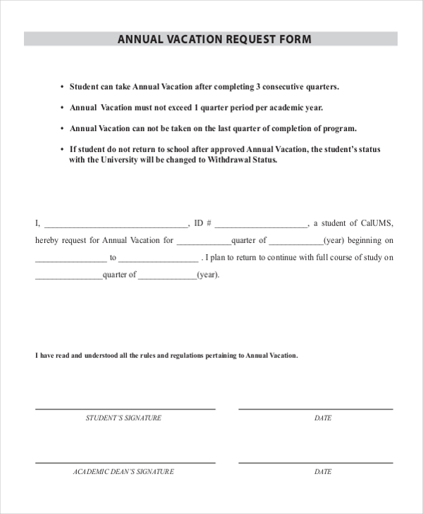 FREE 12+ Sample Vacation Request Forms in PDF MS Word Excel