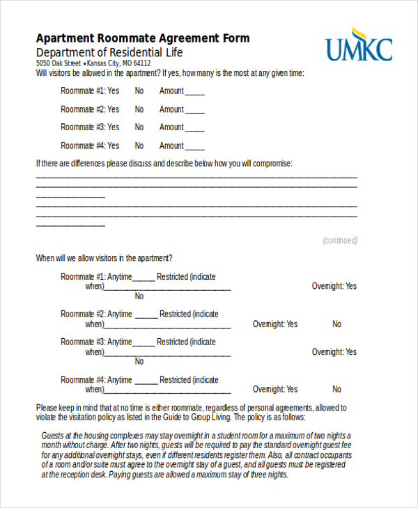 FREE 12+ Sample Roommate Agreement Forms in PDF | MS Word