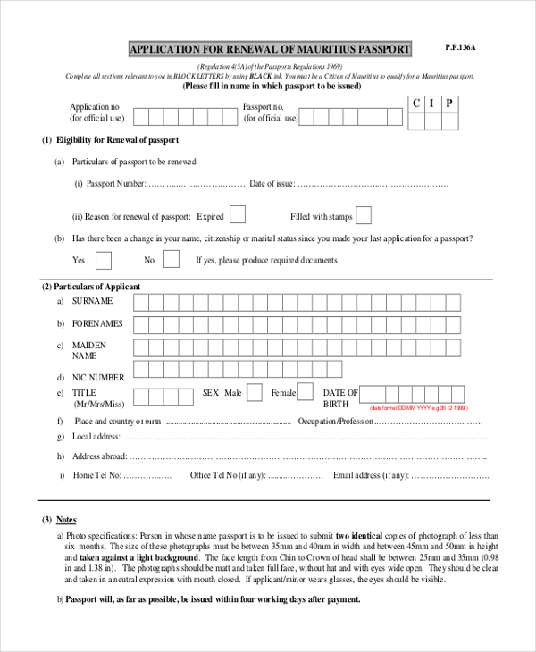 applicaiton for renewal of mauritius passport