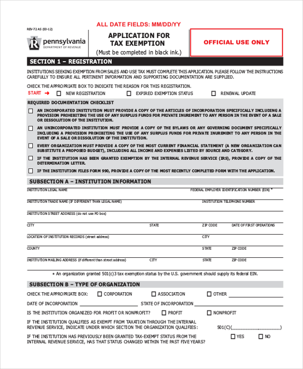 application for tax exemption form