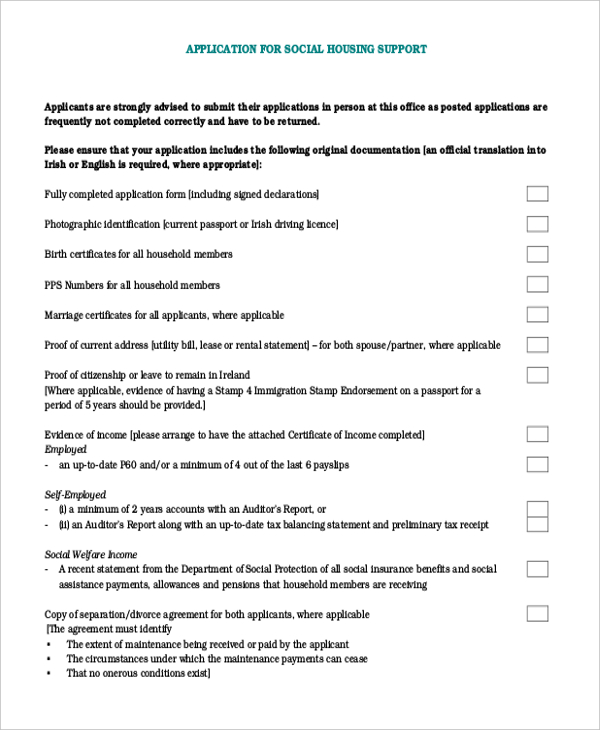 application form for social housing support