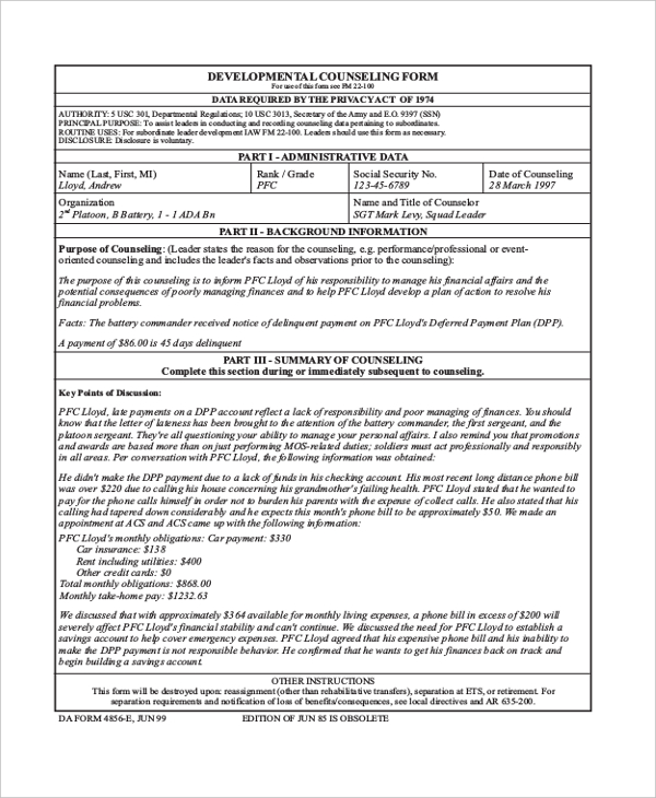 army developmental counseling form