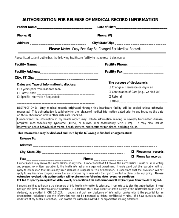 Free 10 Sample Medical Authorization Forms In Pdf Ms Word Excel 4768