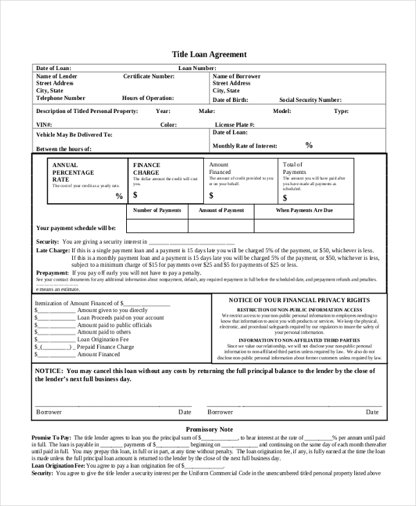 auto loan agreement form