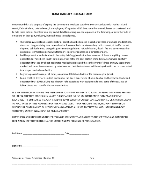 boat liability release form