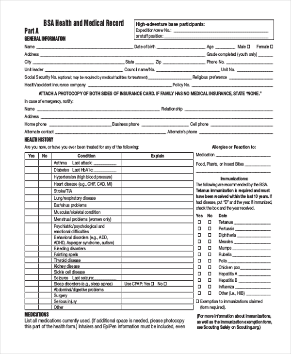 health part c bsa form BSA 7 Sample Free Documents Medical  in PDF Form