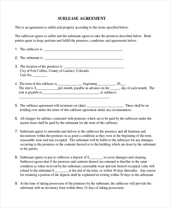 basic sub lease agreement