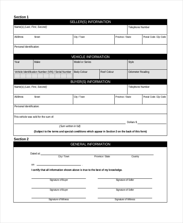 bill of sale form for car