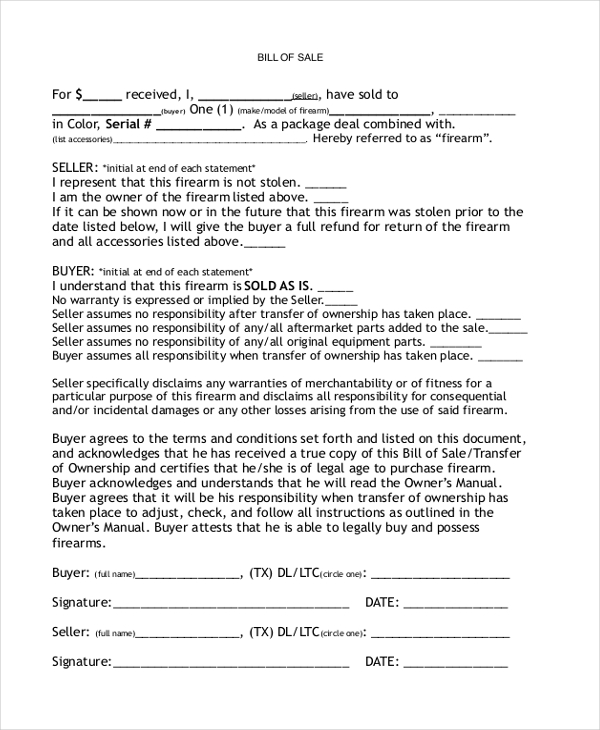 Free 8+ Sample Firearm Bill Of Sale Forms In Pdf