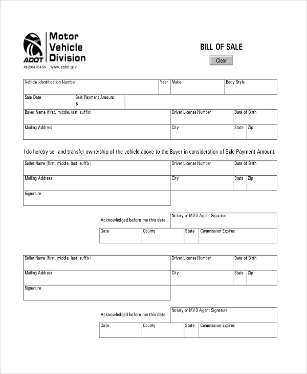 blank auto bill of sale form
