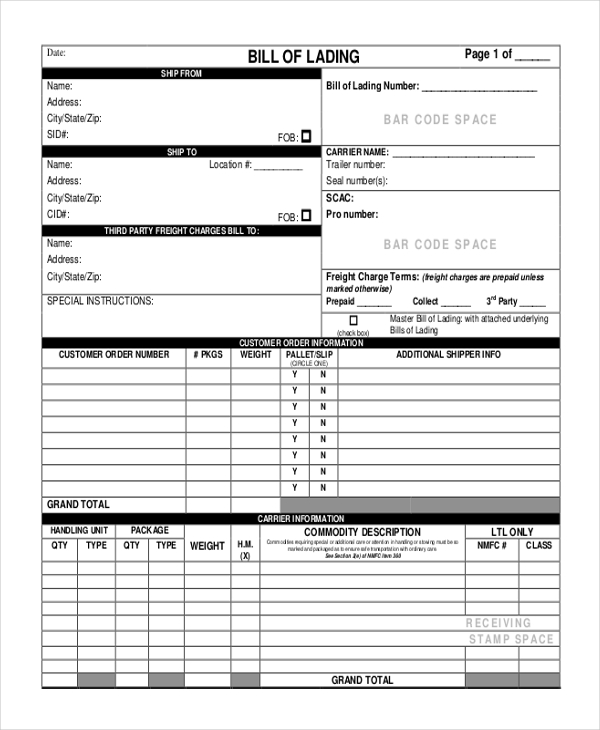 Printable Bill Of Lading Template Excel