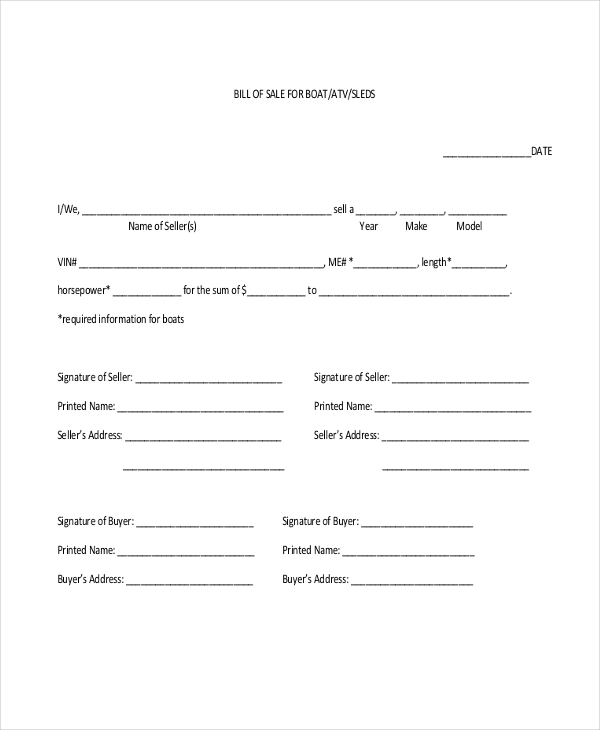 Free Printable Bill Of Sale For A Boat