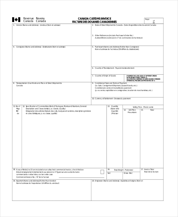 commercial invoice for customs purposes only template