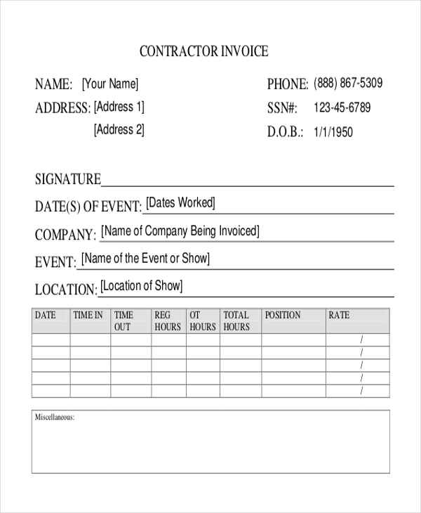 blank contractor invoice form