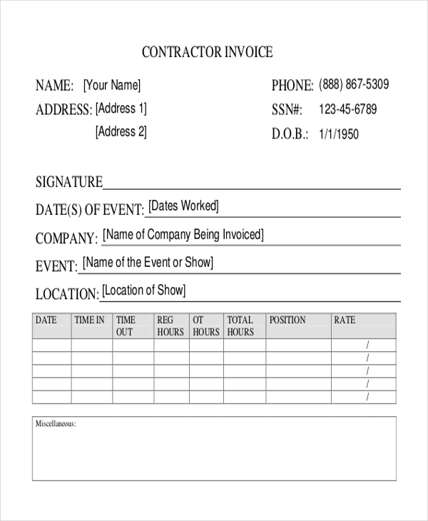 Printable Contractor Invoice Forms - Printable World Holiday