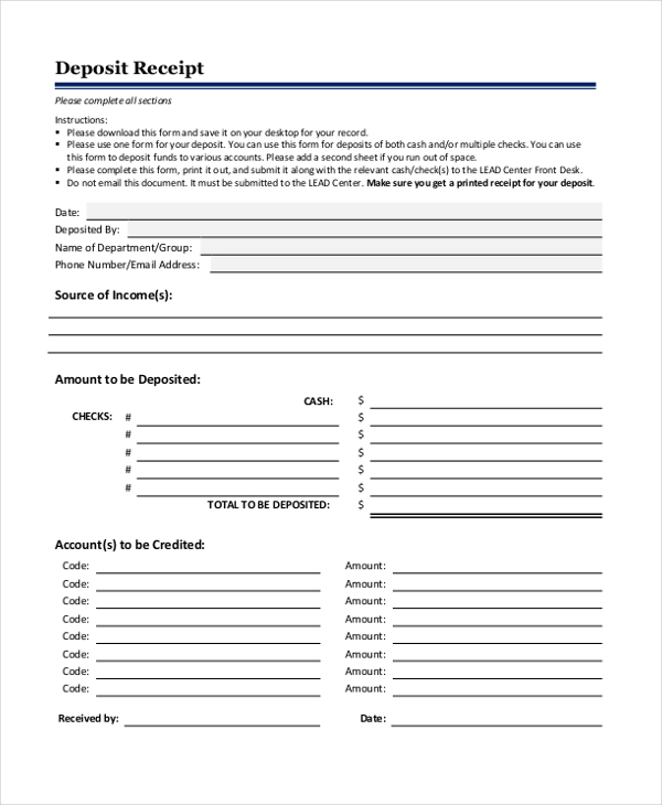 FREE 12+ Sample Deposit Receipt Forms in PDF | Excel | MS Word