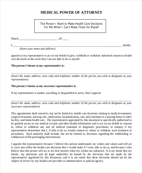 blank medical power of attorney form