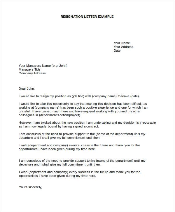 Blank Resignation Form Sample Resignation Letter