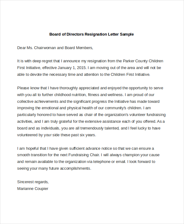 board of directors resignation letter sample