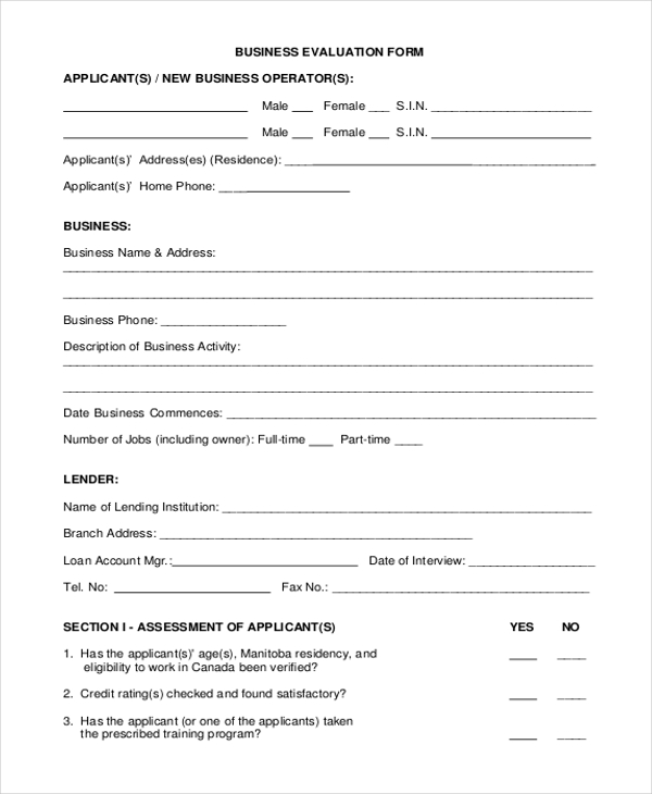 business evaluation form