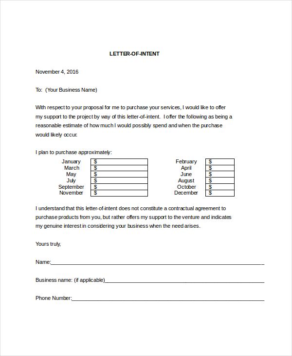 business letter of intent sample