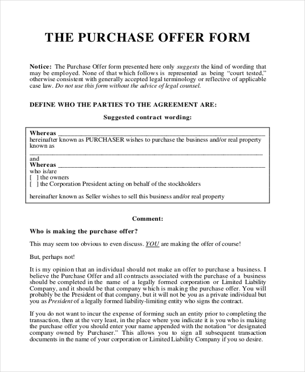 business purchase offer letter 