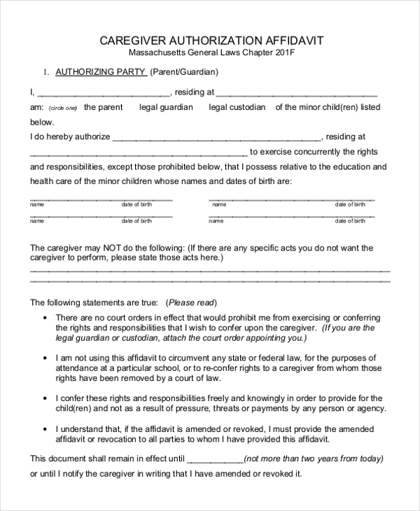 caregiver authorization affidavit
