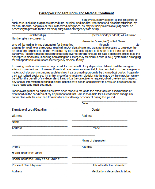 caregiver consent form for medical treatment