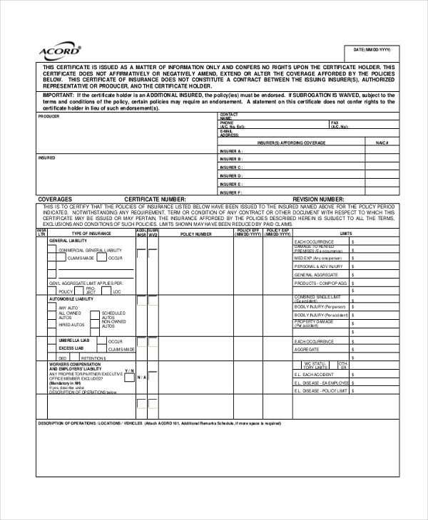 Fillable Acord Form Evidence Of Property Insurance Printable Forms