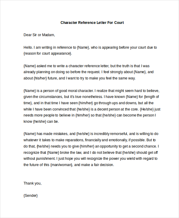 Sample Character Reference Letter For Court