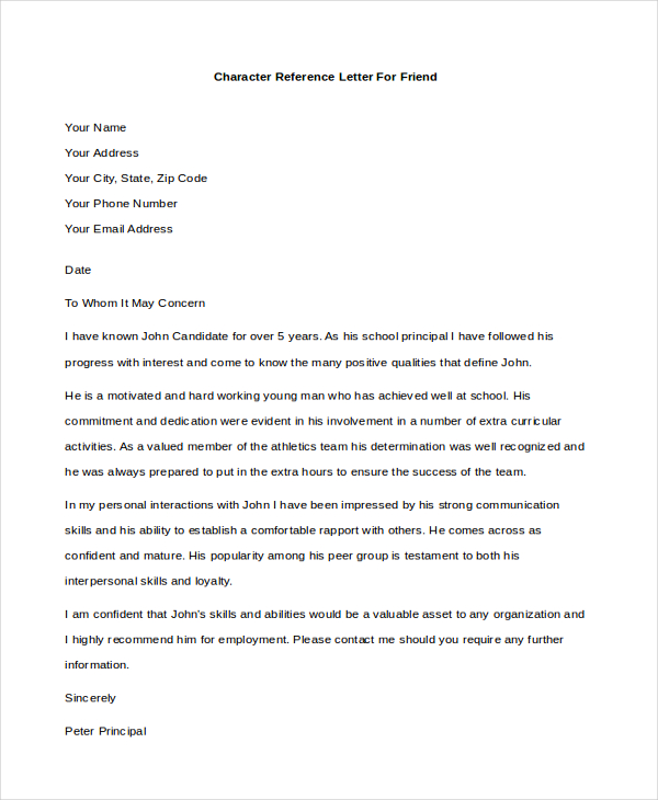 character reference letter for friend