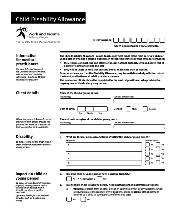 child disability allowance form