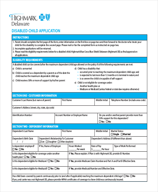 child disability application form