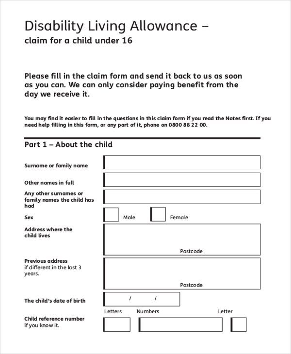 child disability living allowance form