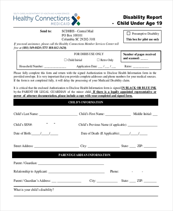child disability report form