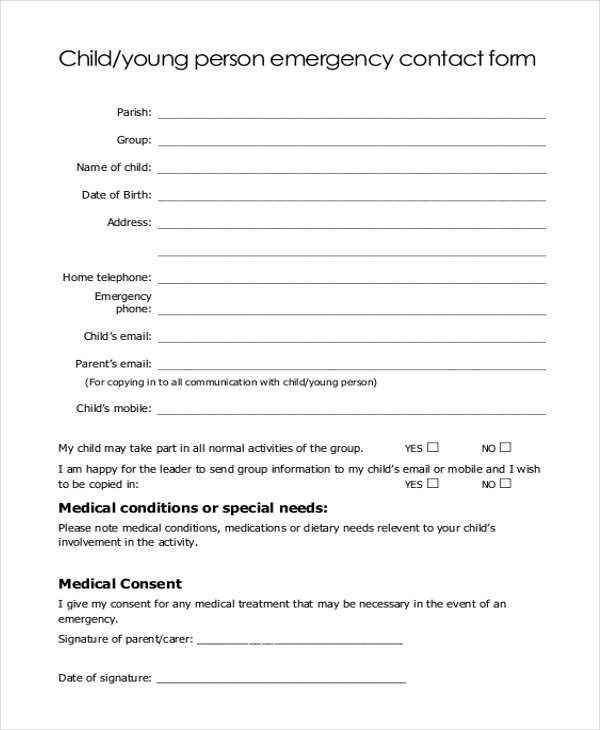 child and young person emergency contact form