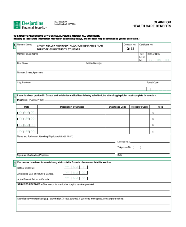 FREE 13+ Sample Health Care Claim Forms in PDF Excel MS Word