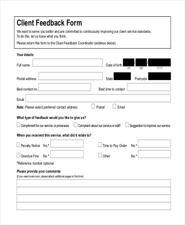 client feedback form example