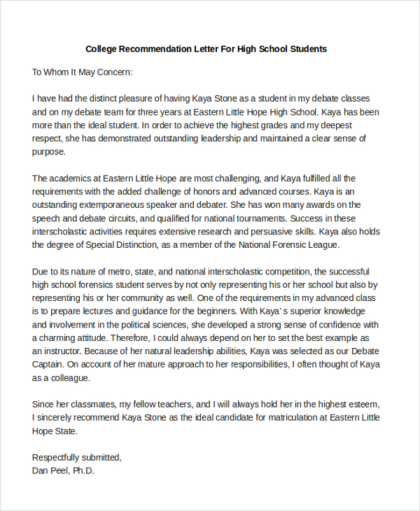 college recommendation letter for high school students