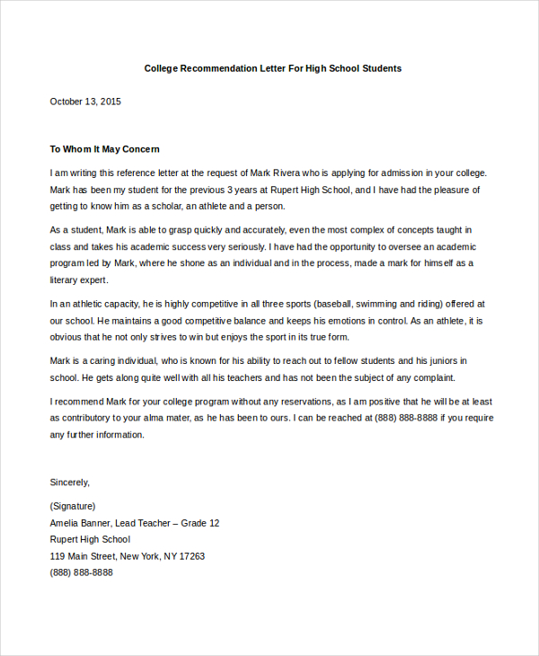 College Letter Of Recommendation Template Free