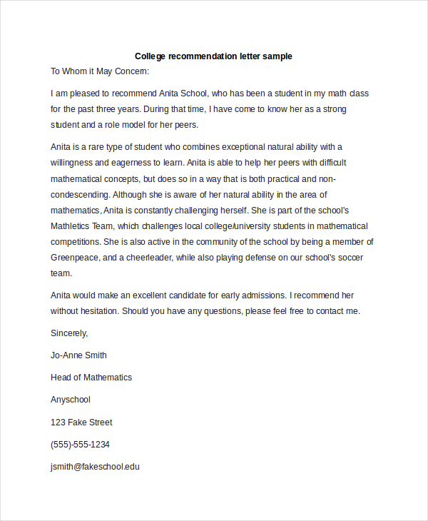 college recommendation letter format