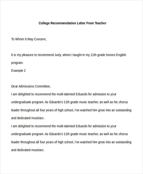 FREE 10+ College Recommendation Letter Samples, PDF, MS Word, Google Docs