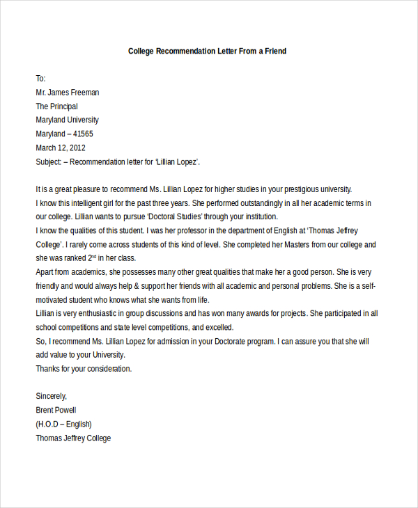 college recommendation letter from a friend