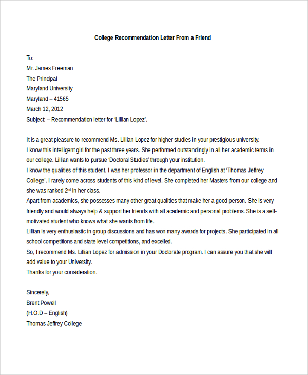 sample letter of recommendation for a friend for college