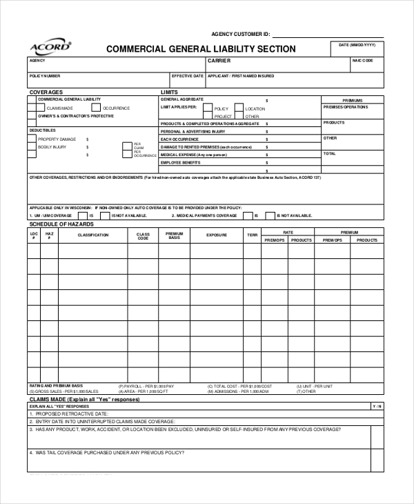 commercial general liability form