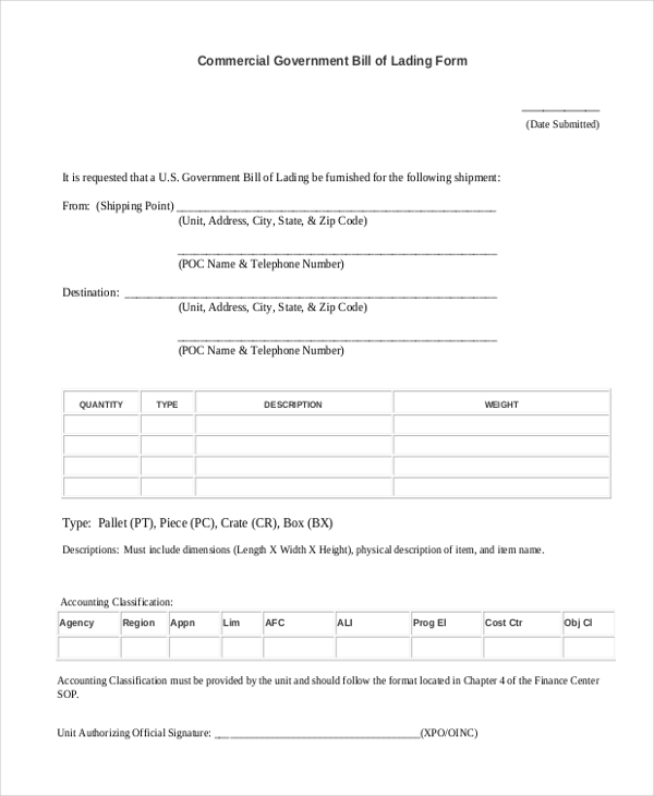 commercial government bill of lading form