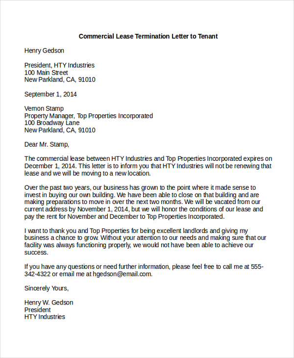 commercial lease termination letter to tenant