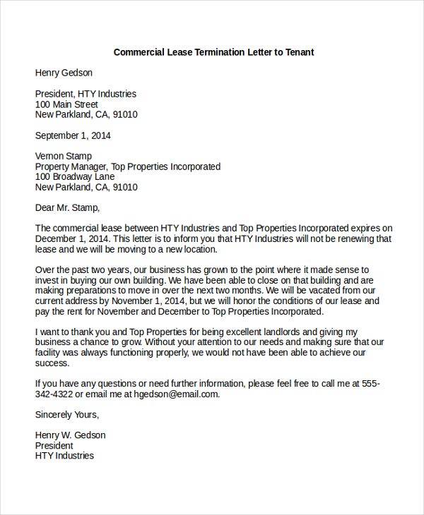 Commercial Lease Termination Letter to Tenant