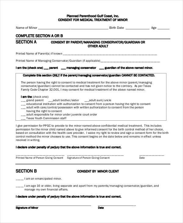 consent form for medical treatment of a minor